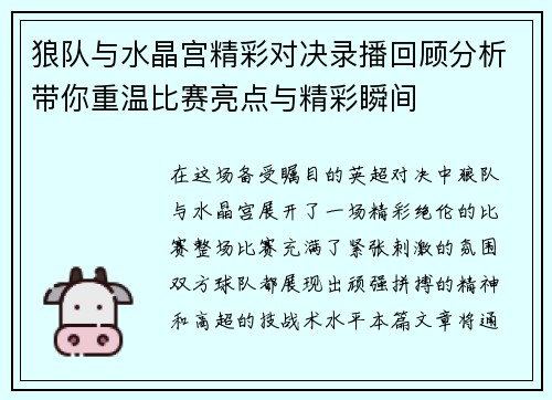 狼队与水晶宫精彩对决录播回顾分析带你重温比赛亮点与精彩瞬间