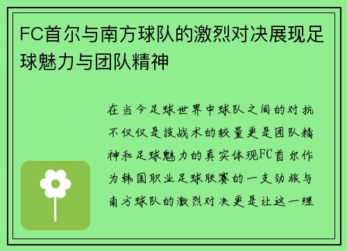 FC首尔与南方球队的激烈对决展现足球魅力与团队精神